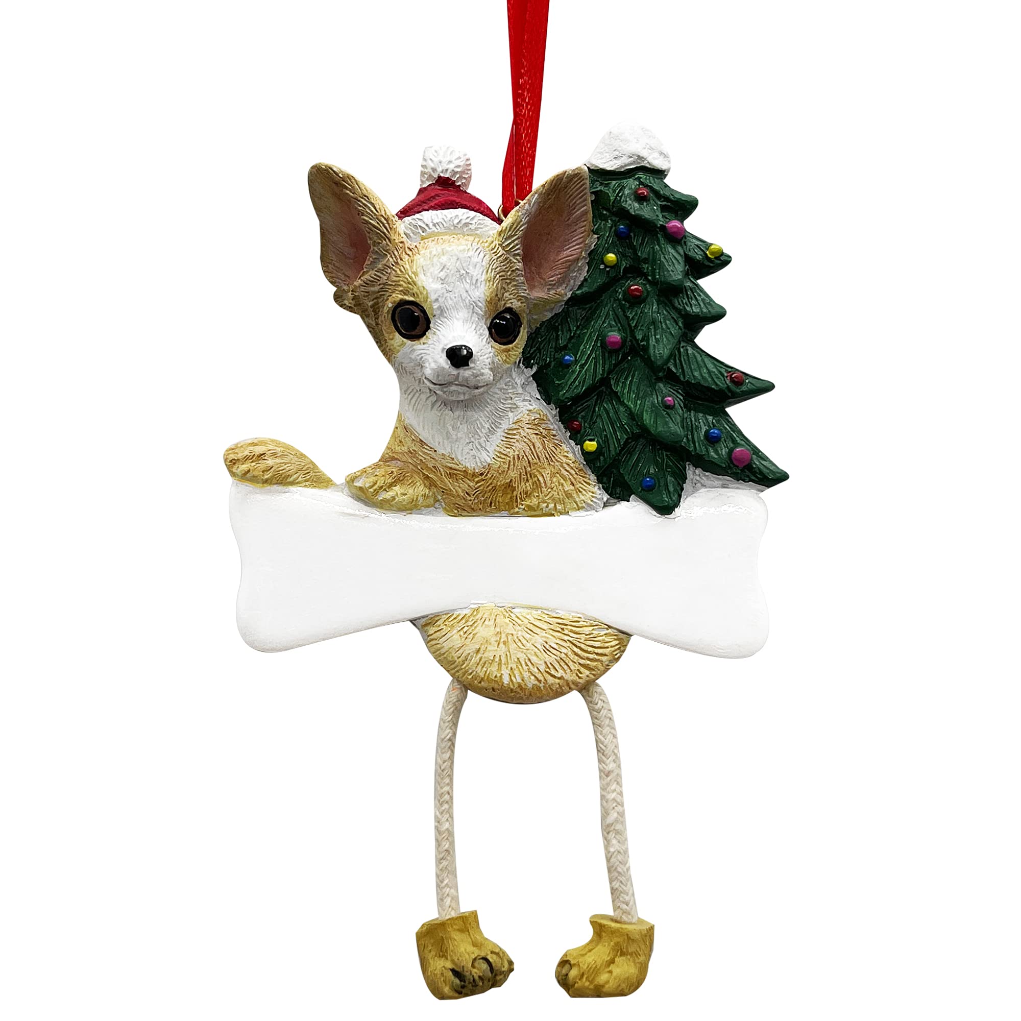 Chihuahua Tan & White Ornament with Unique "Dangling Legs" Hand Painted and Easily Personalized Christmas Ornament