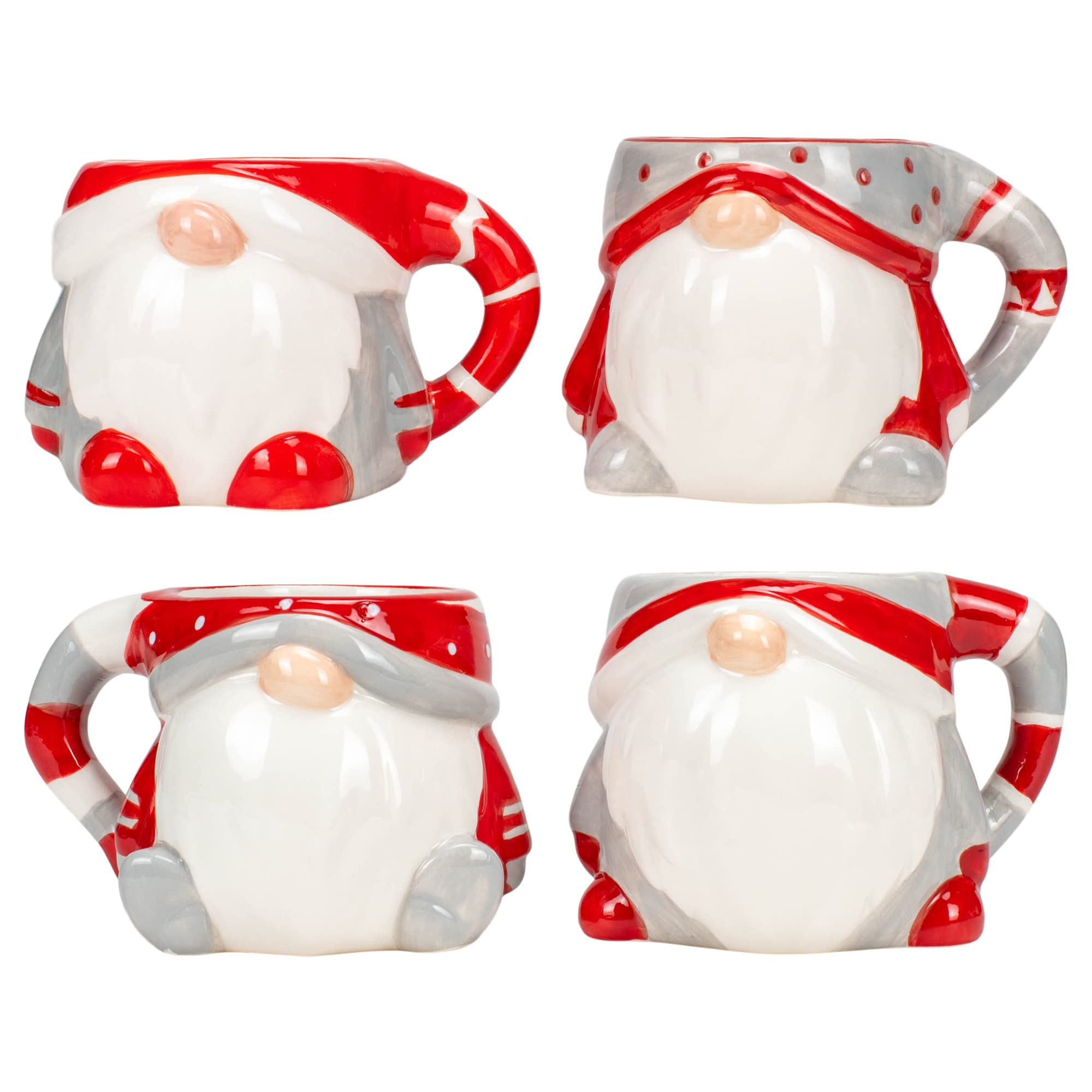 Red and Grey Gnome Shaped 12 Ounce Dolomite Ceramic Christmas Coffee Mug Set of 4