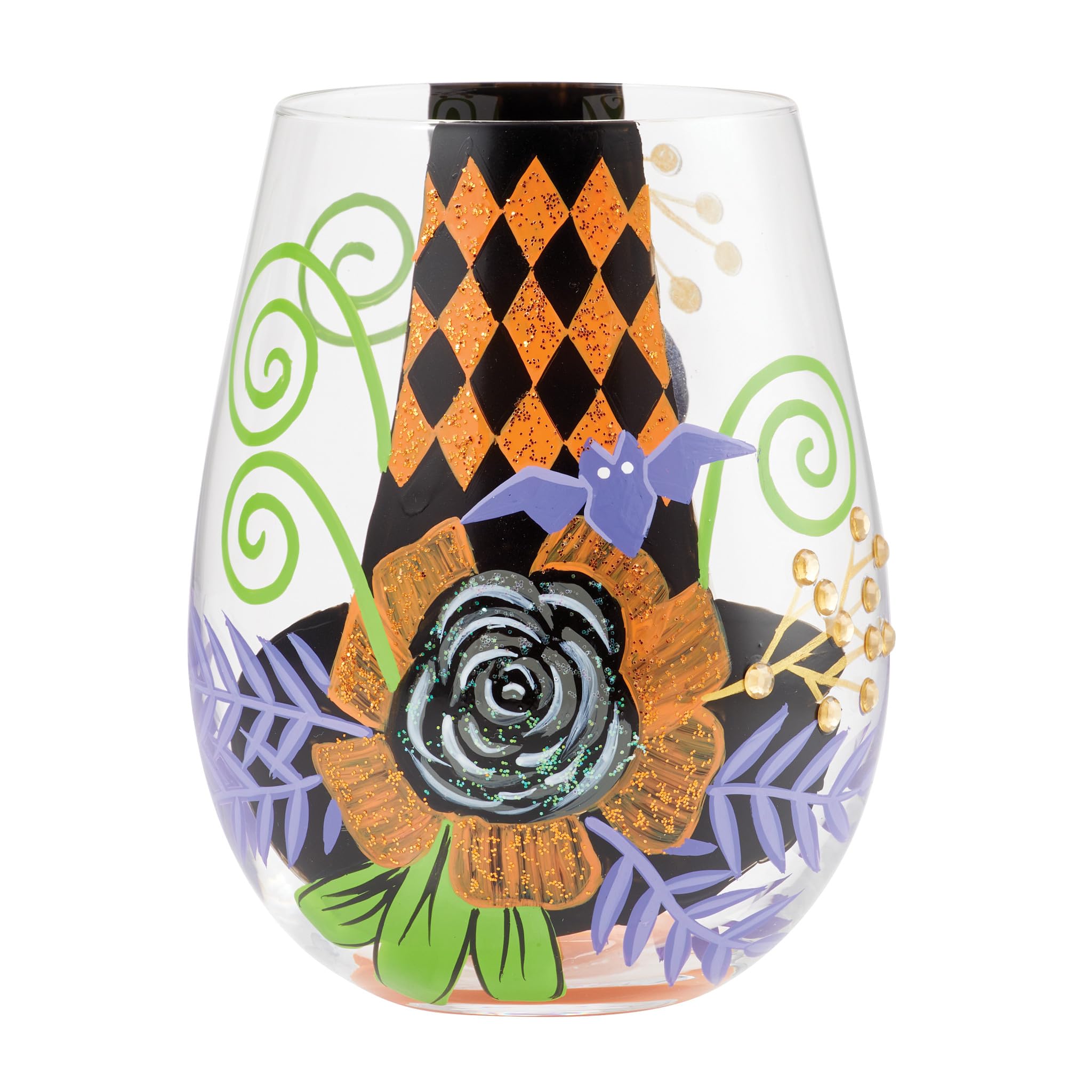 Enesco Lolita Halloween My Fancy Witch Hat Hand-Painted Artisan Stemless Wine Glass, 20 Ounce, Multicolor
