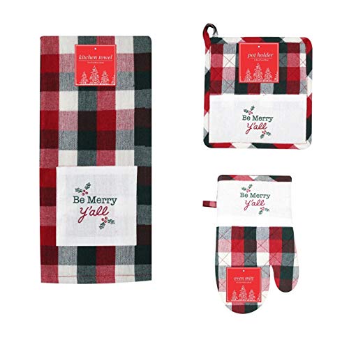 Be Merry Y'all Christmas 5 Piece Kitchen Linen Set That Includes : (1) Oven Mitt, (2) Pot Holders, and (2) Towels