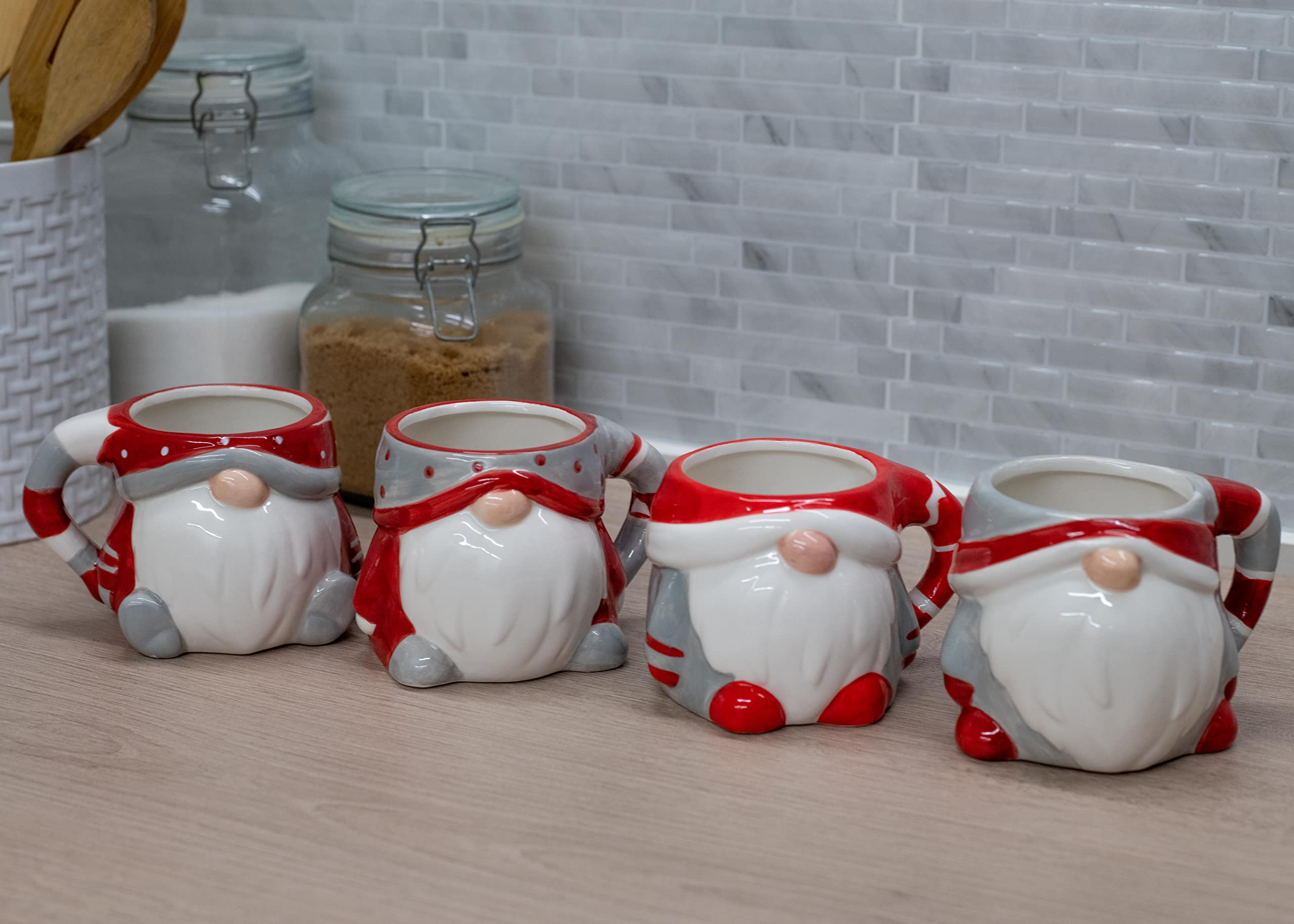 Red and Grey Gnome Shaped 12 Ounce Dolomite Ceramic Christmas Coffee Mug Set of 4