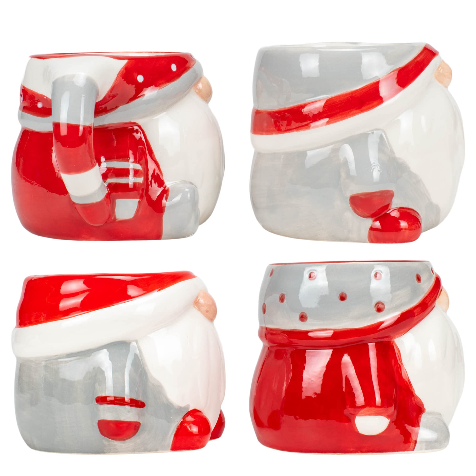 Red and Grey Gnome Shaped 12 Ounce Dolomite Ceramic Christmas Coffee Mug Set of 4