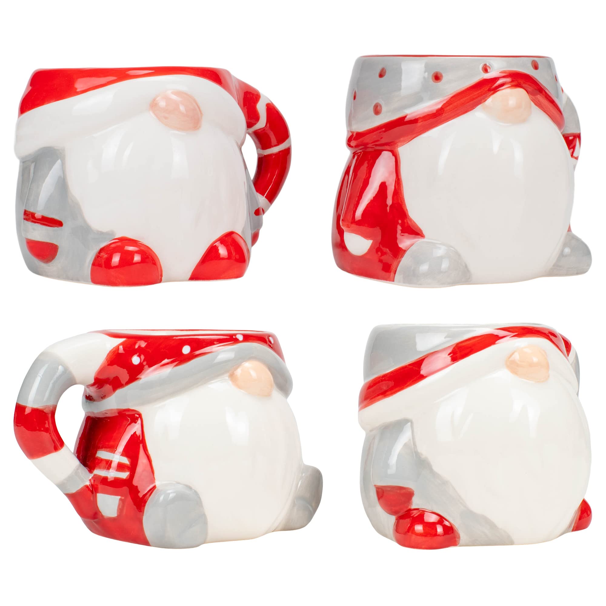 Red and Grey Gnome Shaped 12 Ounce Dolomite Ceramic Christmas Coffee Mug Set of 4