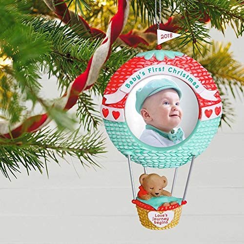 Hallmark Keepsake Ornament 2018 Personalized Year Dated, Baby's First Christmas Love's Journey Begins Picture Frame, Photo, Hot Air Balloon