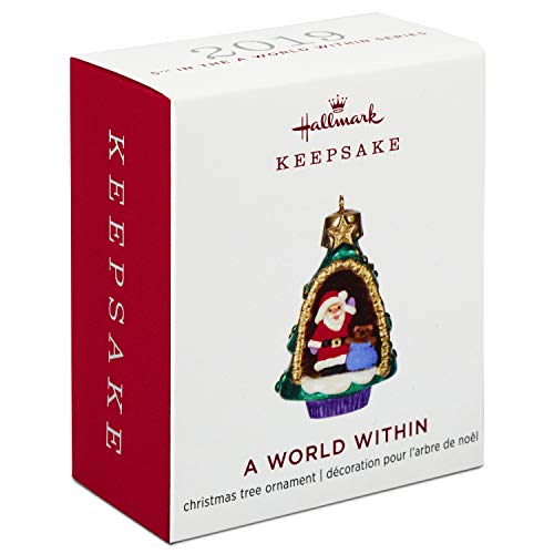 Hallmark Keepsake Mini Christmas Ornament 2019 Year Dated A World Within, Santa and Teddy Bear in Tree Miniature, 1.56"