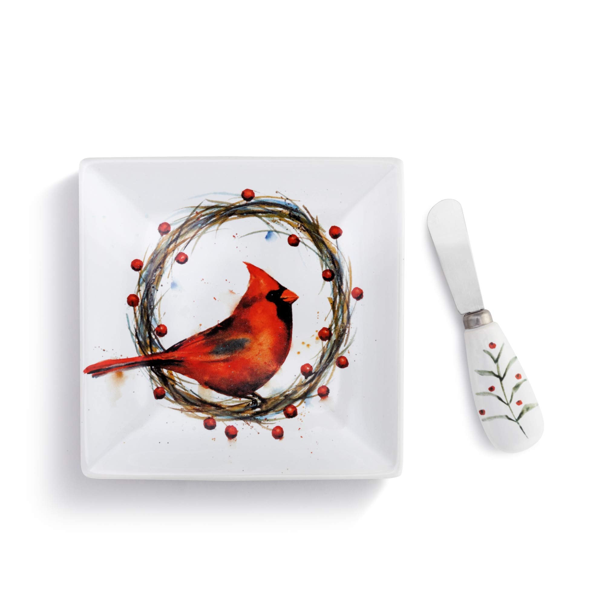 Dean Crouser Cardinal Wreath Rosy Red 6 x 6 Stoneware Holiday Plate With Spreader Set