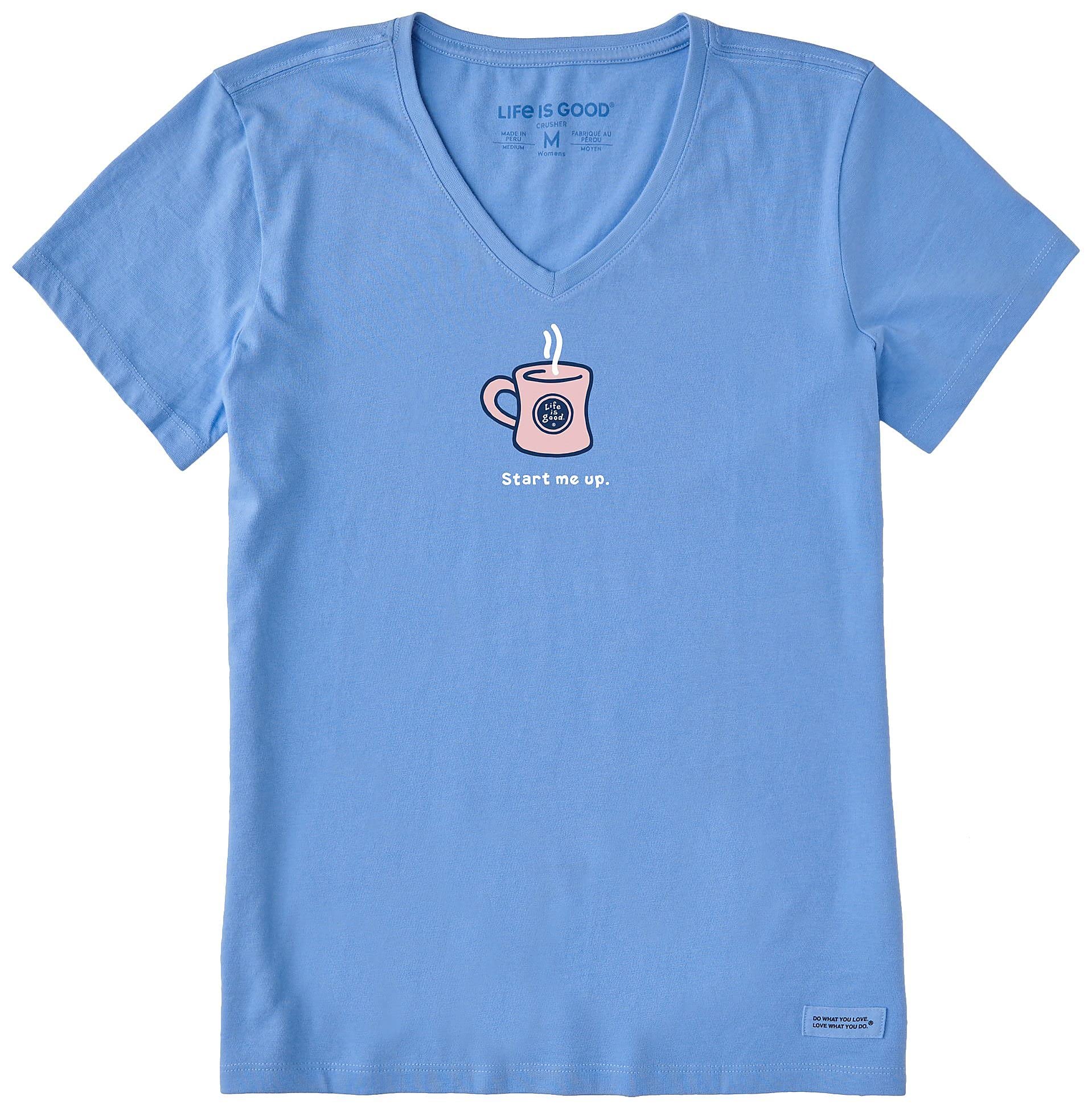 LG Life is Good Women's "Start Me Up" Coffee Mug Graphic Crusher V-Neck T-Shirt