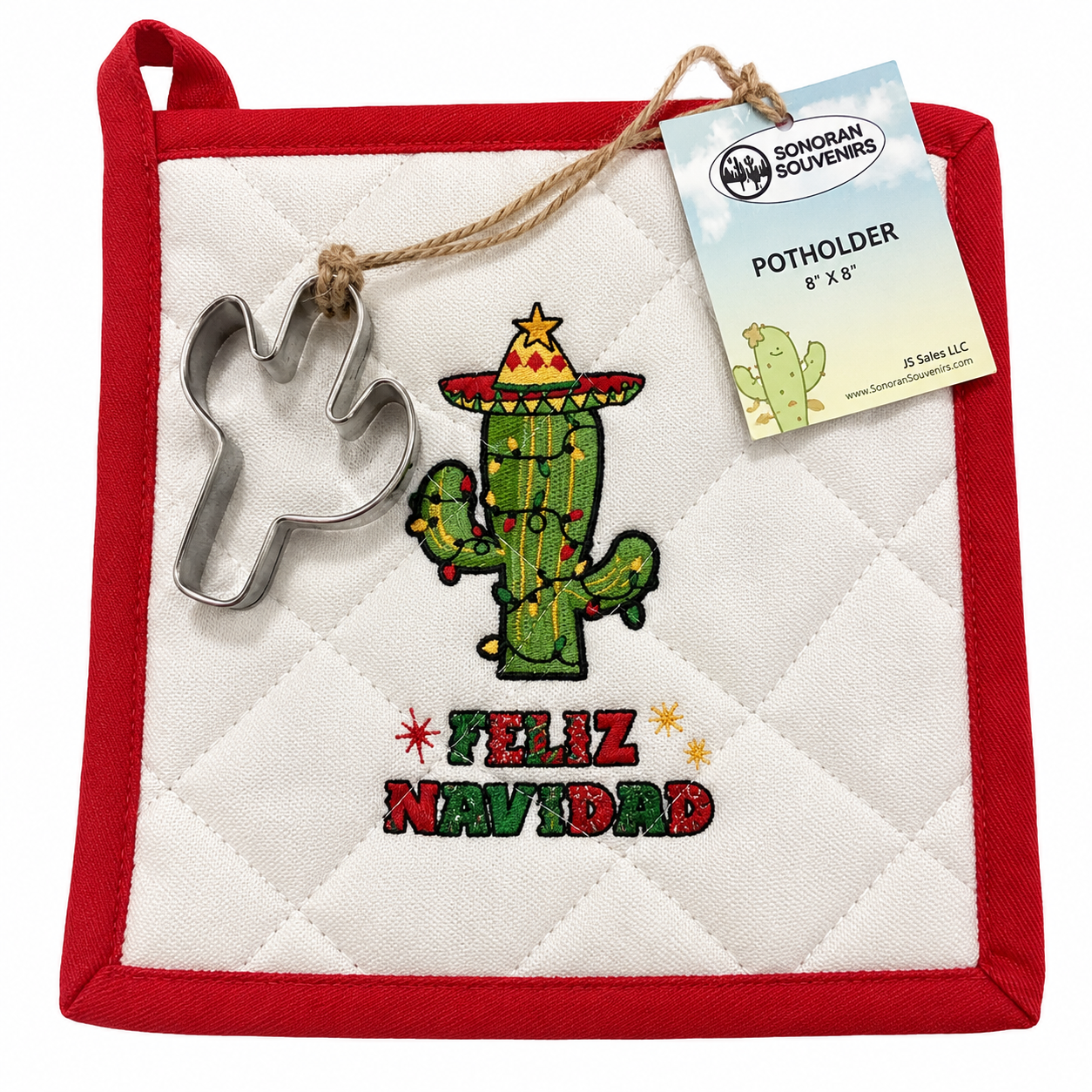 "Feliz Navidad" Sombrero Cactus Sonoran Souvenirs Pot Holder Cookie Cutter Set 8" x 8"