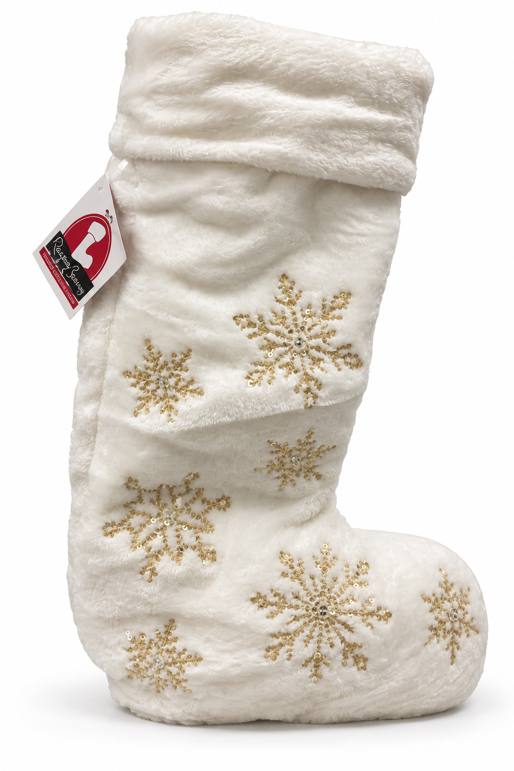Standing Stocking White Plush Gold Sequin Snowflake Standing Christmas Stocking