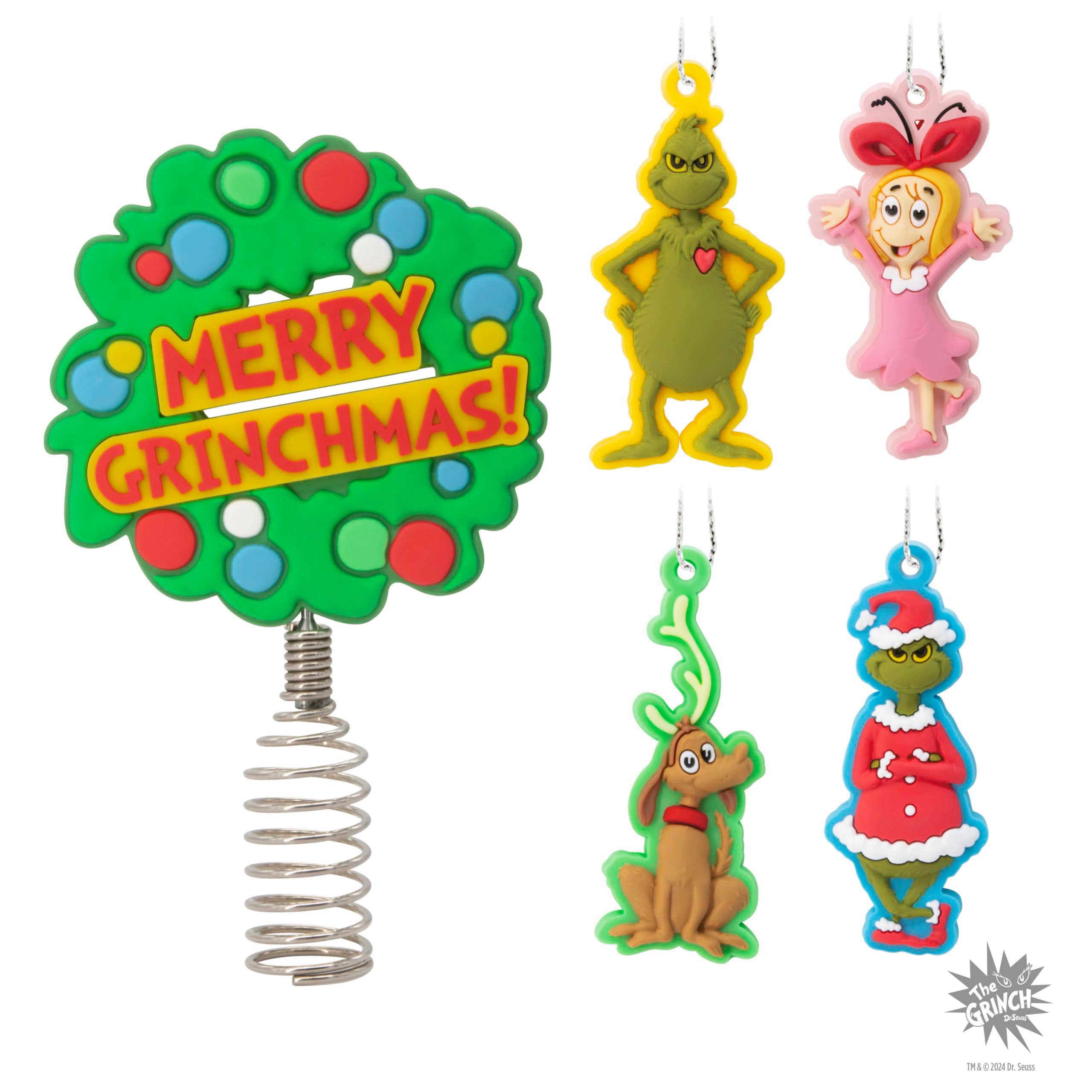 Hallmark Dr. Seuss's How the Grinch Stole Christmas! 5" Miniature Christmas Tree Topper and Mini Ornaments, Set of 5, Shatterproof