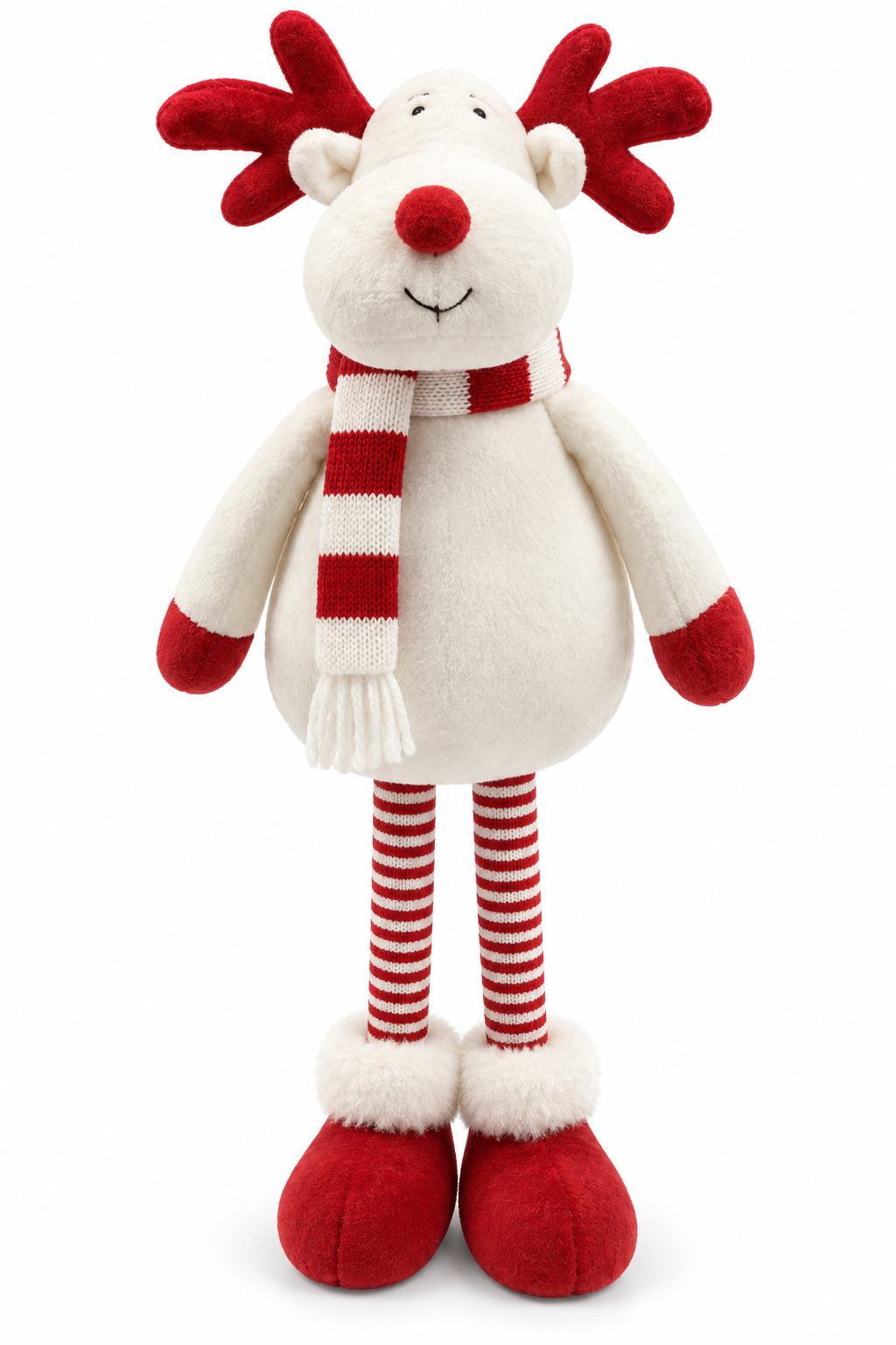 Plush Standing Reindeer Christmas Shelf Sitter Figurine with Striped Knit Scarf