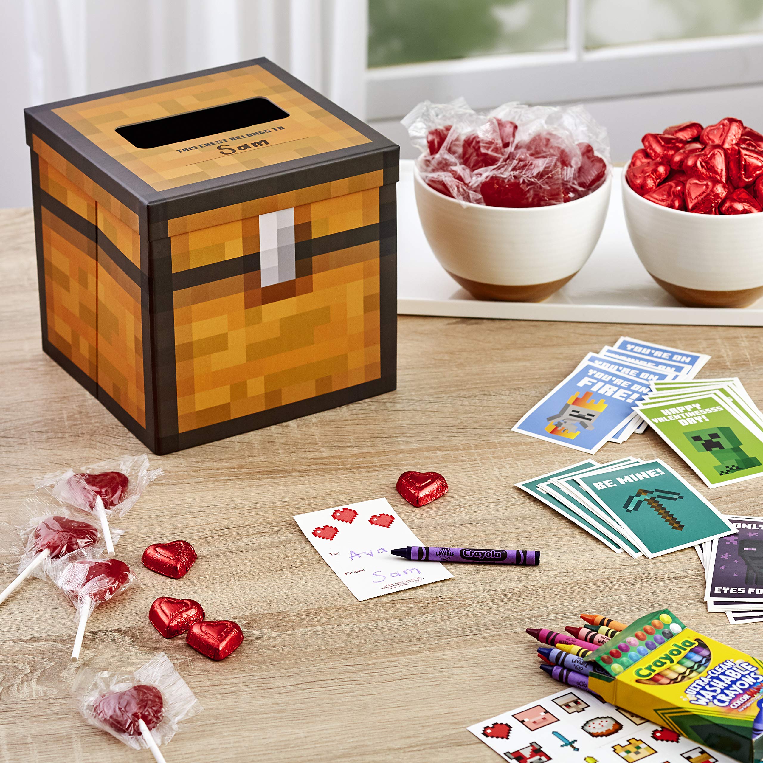Hallmark Minecraft Valentines Day Cards and Mailbox for Kids School Classroom Exchange (1 Box, 32 Valentine Cards, 35 Stickers, 1 Teacher Card)