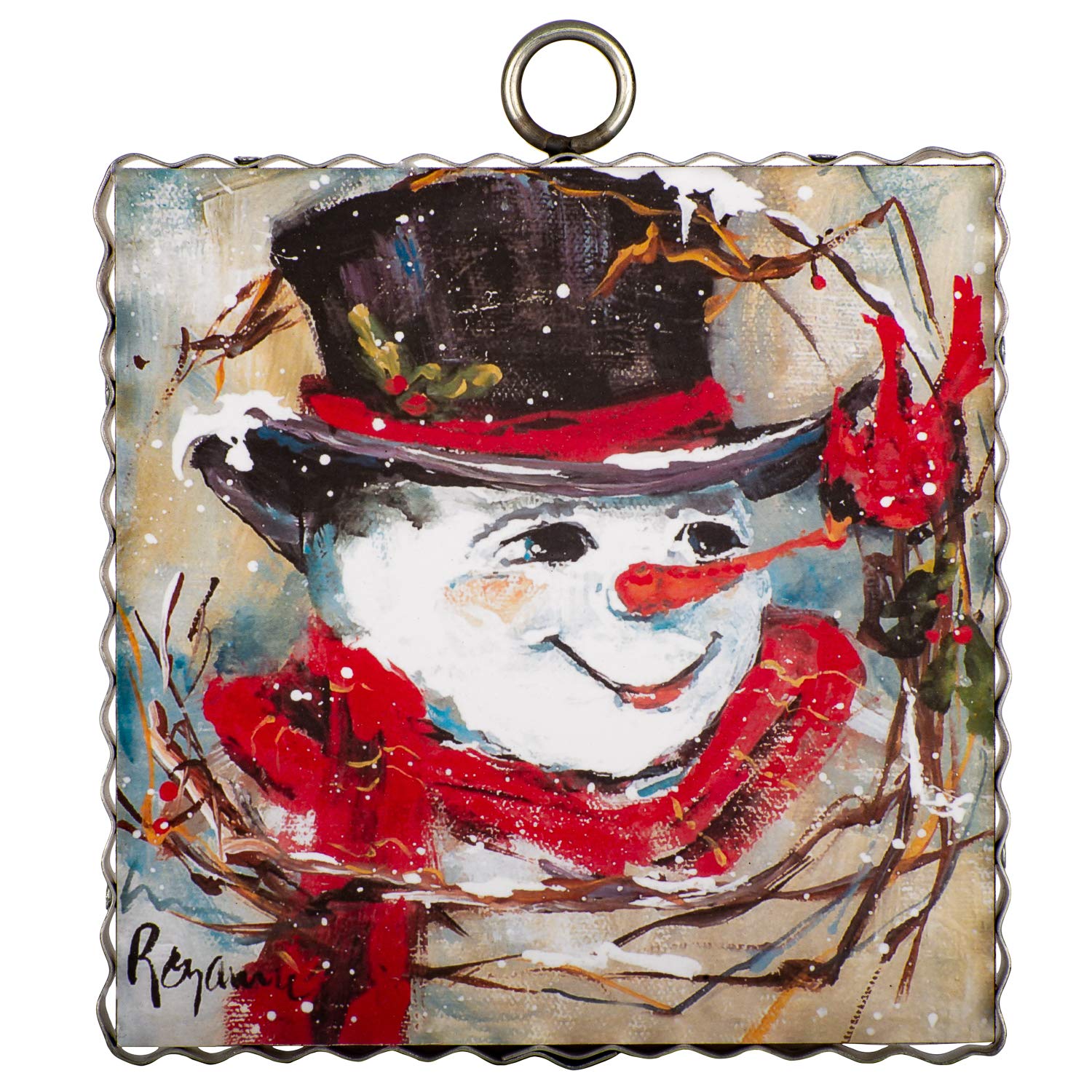 The Round Top Collection Signed Snowman with Red Cardinal Crimped Metal Plaque