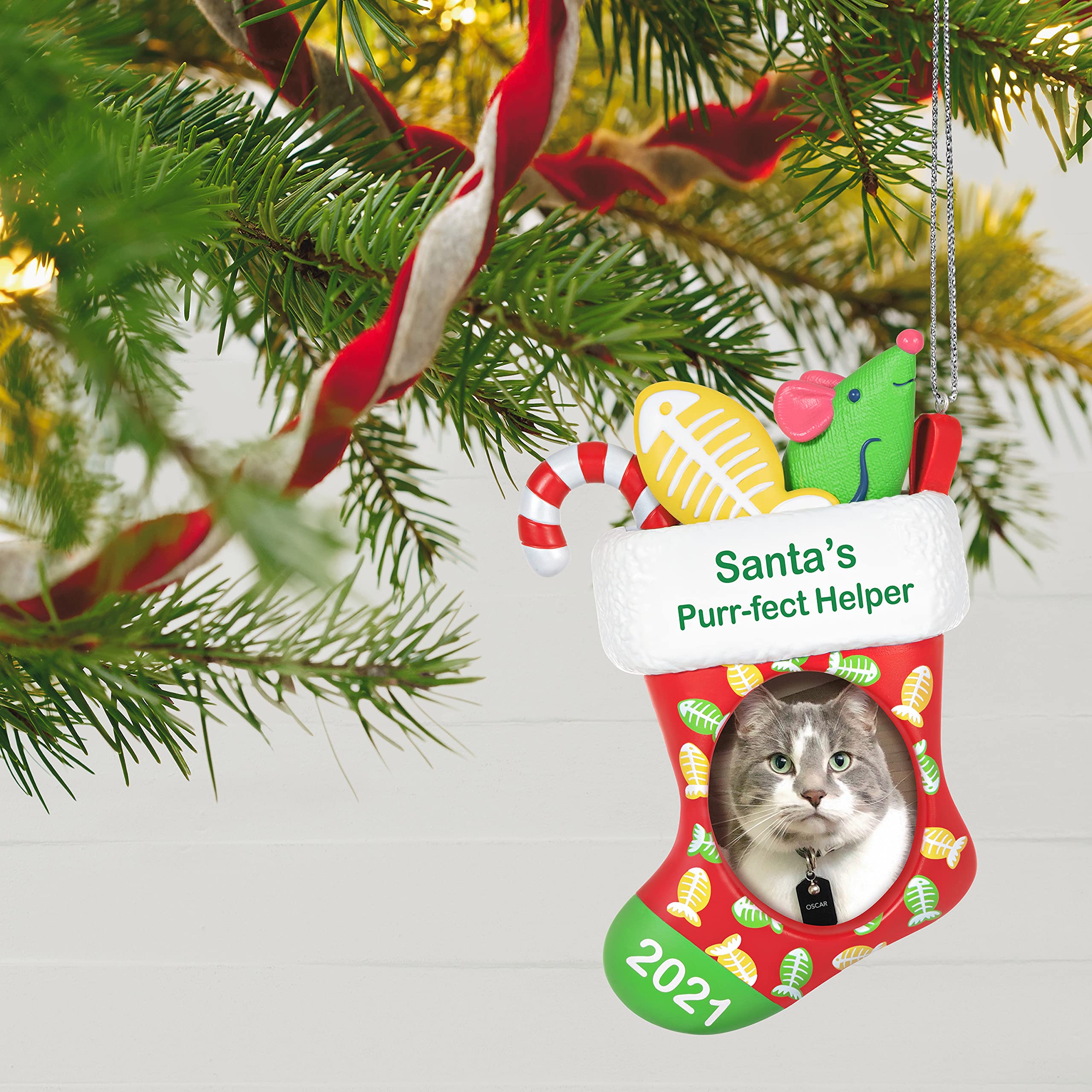 Hallmark Keepsake Christmas Ornament, Year Dated 2021, Santa's Purr-FECT Helper Cat Stocking Photo Frame