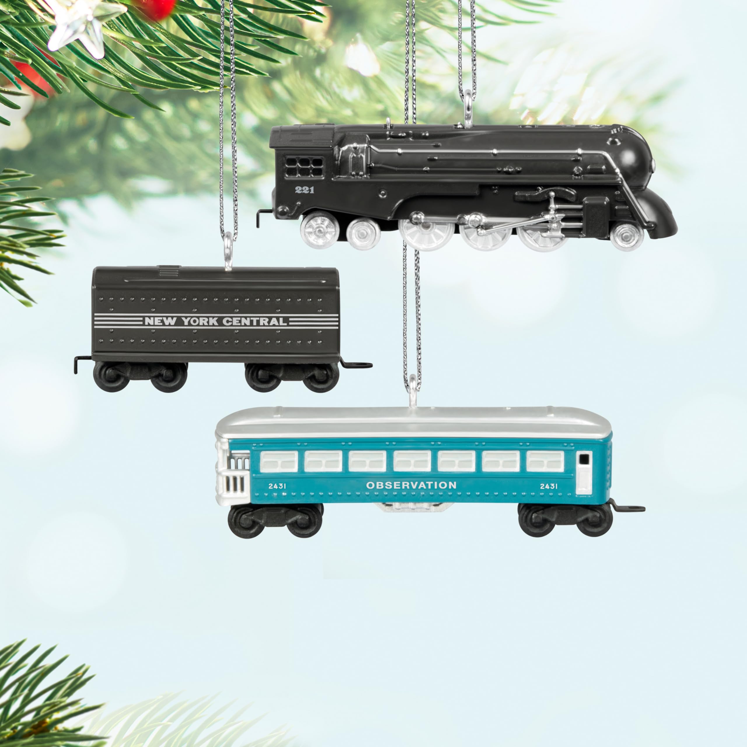 Hallmark Keepsake Mini Christmas Ornaments 2024, Lionel 221 Steam Locomotive and Tender With 2431 Observation Car, Set of 3, Gifts for Train Lovers