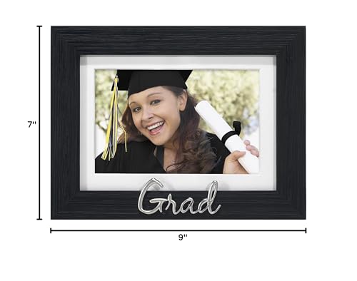 Malden International Designs 4x6 or 5x7 Graduation Distressed Expressions Picture Frame Silver Finish Grad Word Attachment Black Textured Wood Grain Finish MDF Frame White Beveled Mat