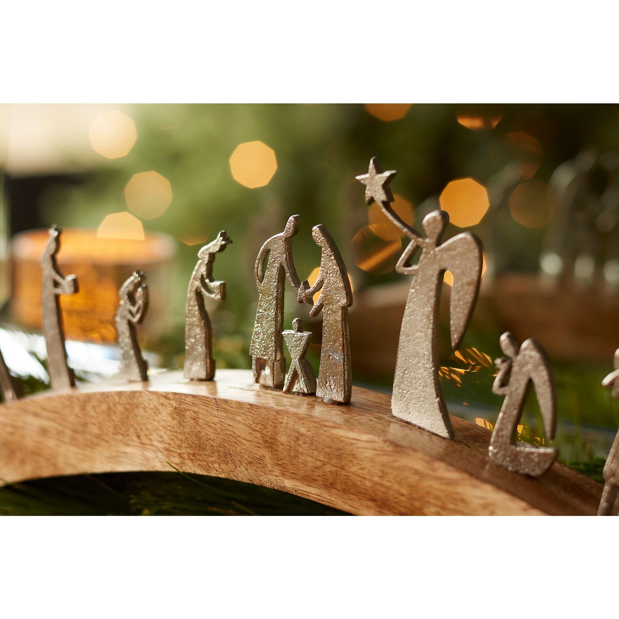 Enesco Arched Wooden Nativity Set with Silver Pewter Metal Figurines Tabletop Display