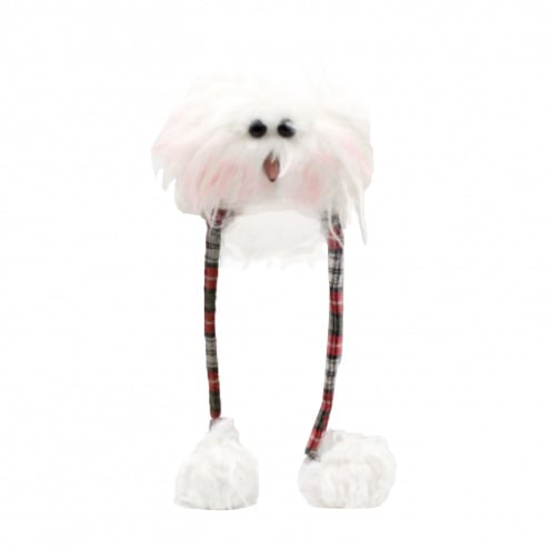 Shaggy White Snowman Head with Red Plaid Scarf Decor