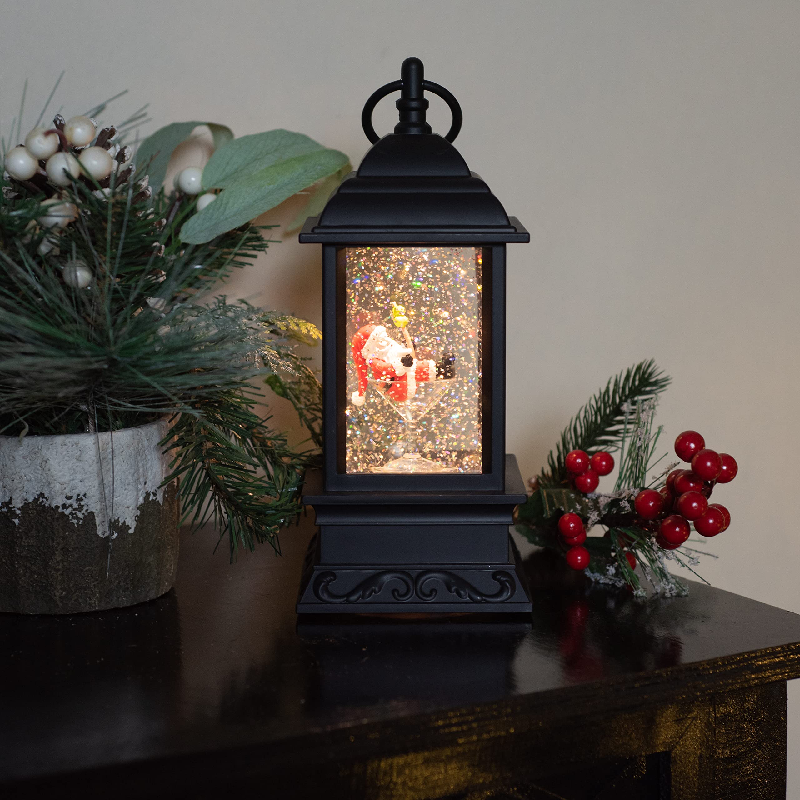 RAZ Imports 2021 Holiday Water Lanterns 9.5" Santa in Martini Glass Spinning Lighted Water Lantern Black