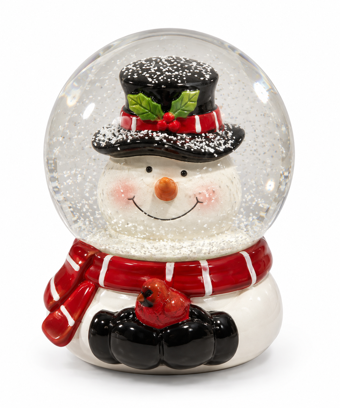 Snowman in Black Top Hat & Cardinal Glass Christmas Snow Globe Accent