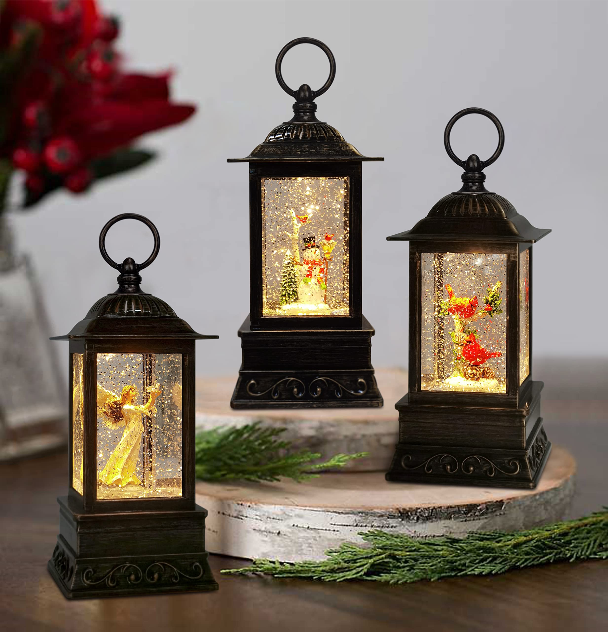 OPPORTUNITIES Decorative Christmas Lantern with Cardinal and Branch, 10.5 inch