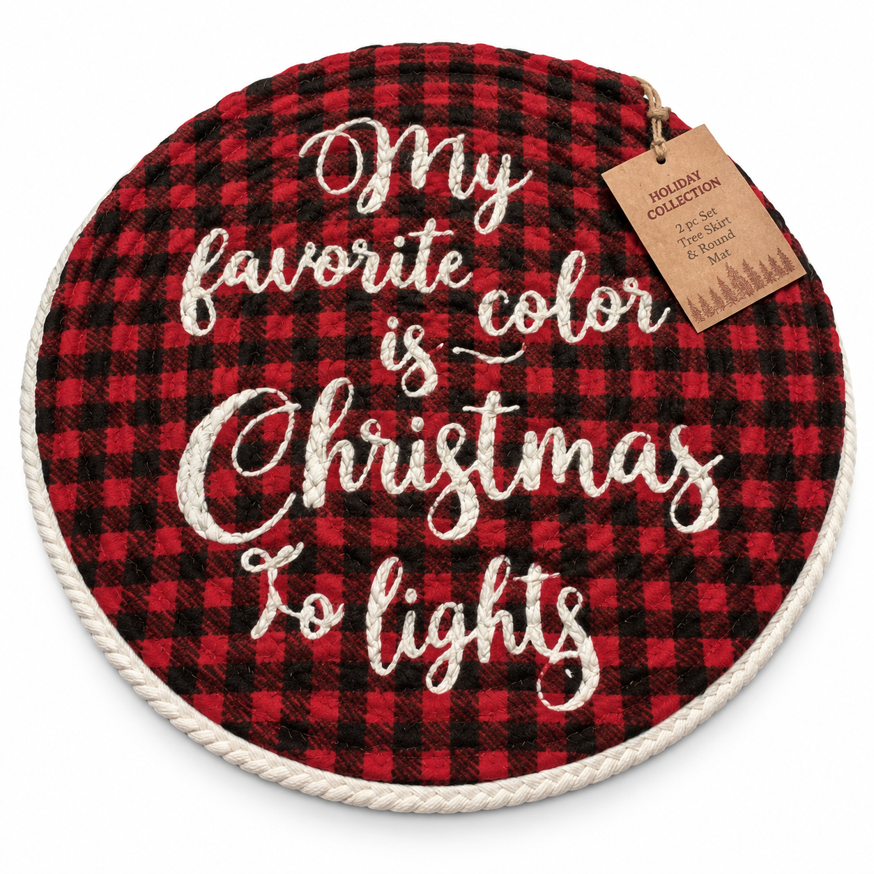 "My Favorite Color Is Christmas Lights" Nidico Red Buffalo Plaid Round Cotton 2 pk Trivet Set