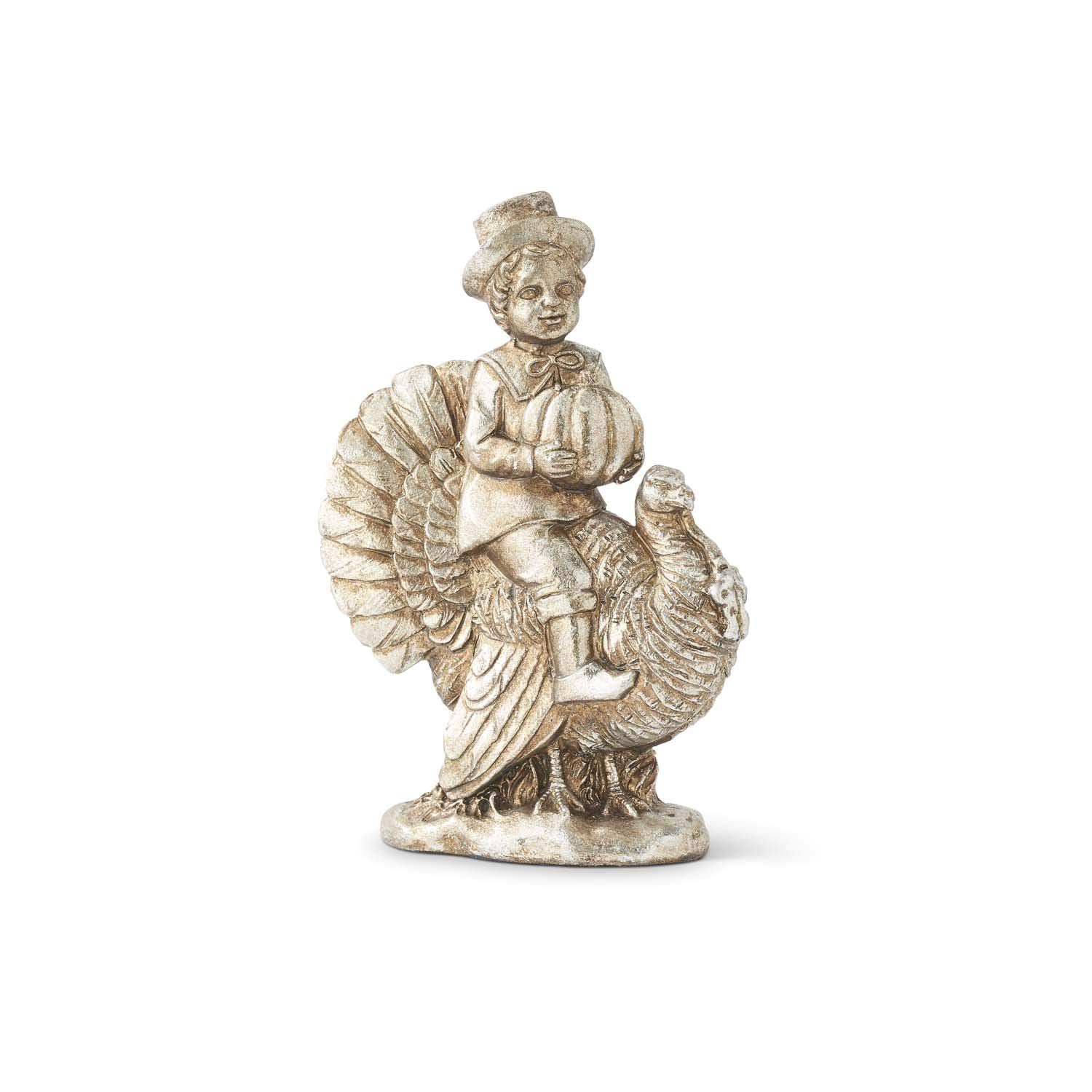 Antique Silver Resin Child Riding Turkey Figurine