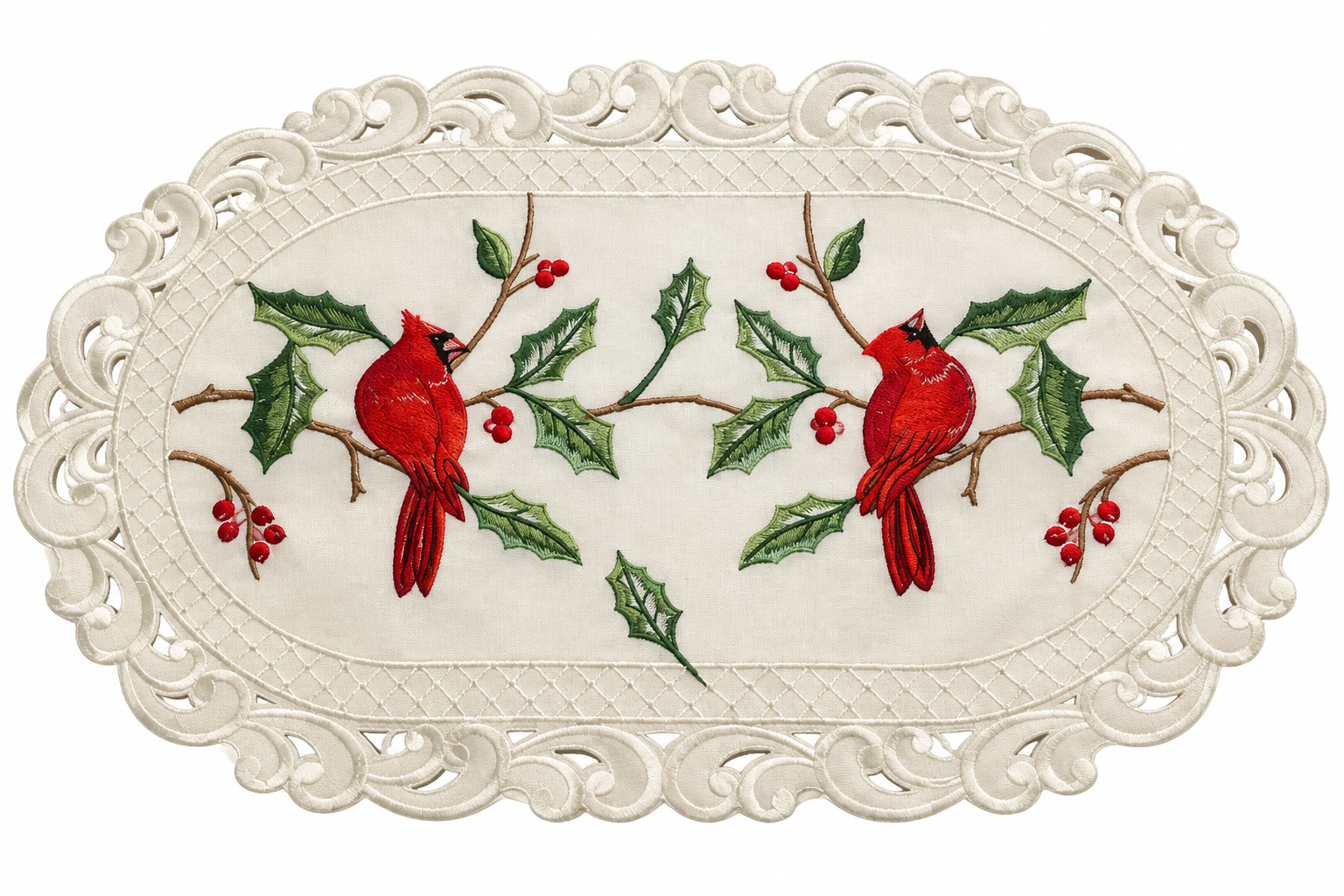 Embroidered Red Cardinal Oval Christmas Place Mat Doily Cutwork