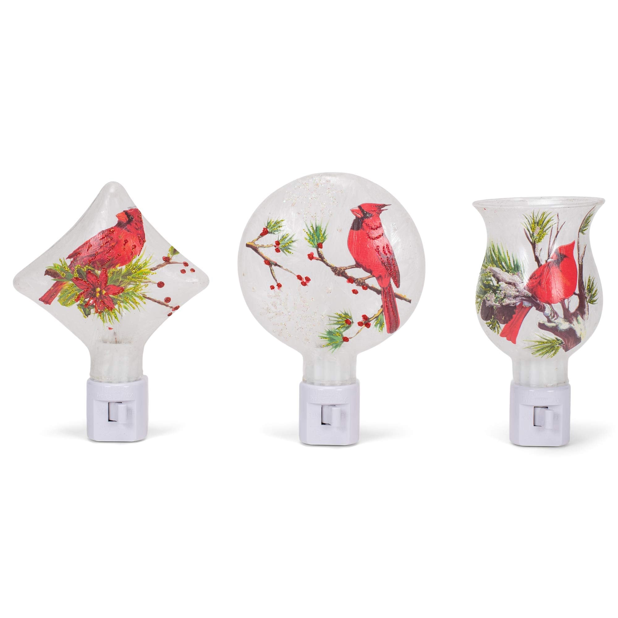 Vibrant Red Cardinal On Branch 5.5 inch Glass Diamond Decorative Plug in Night Light