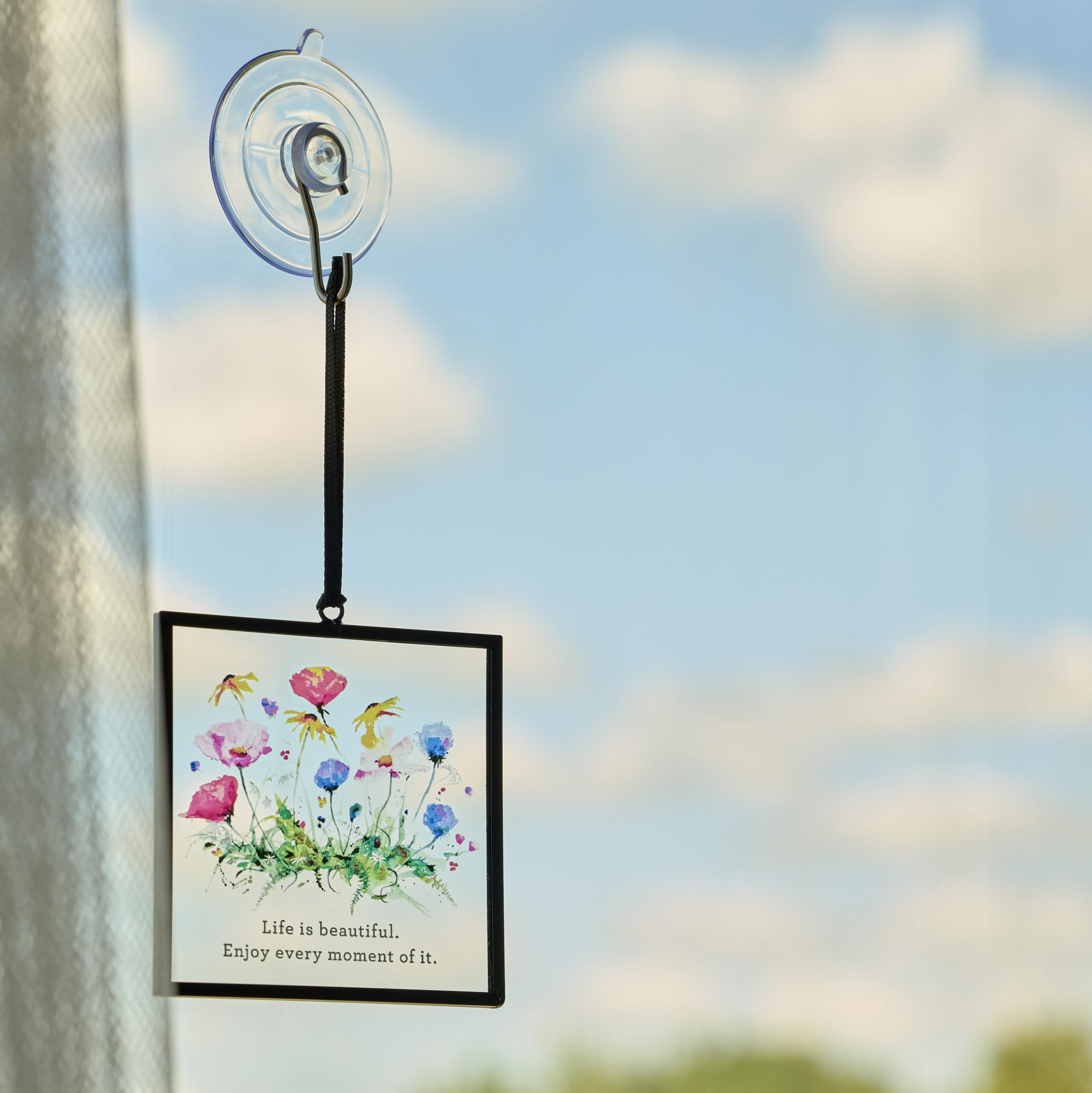 DEMDACO Dean Crouser Collection Life is Beautiful Enjoy Every Moment of It Watercolor Wildflowers 3 x 3 Iron and Glass Square Suncatcher Ornament Display