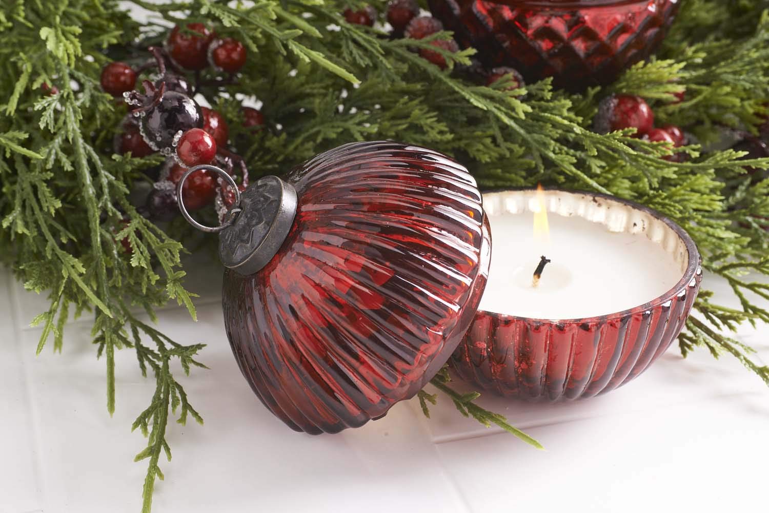 K&K Interiors Assorted 3.5 Inch Filled Red Mercury Glass Lidded Ornament Candles