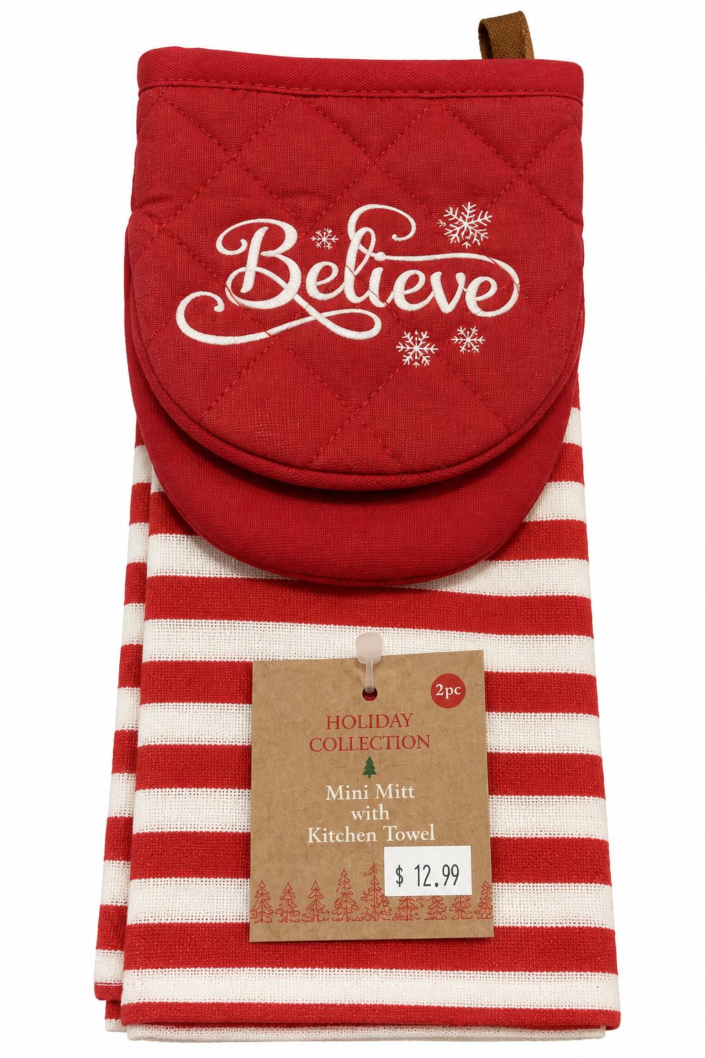 "Believe" Red Stripe Nidico Mini Mitt & Kitchen Towel Set 2 Pk