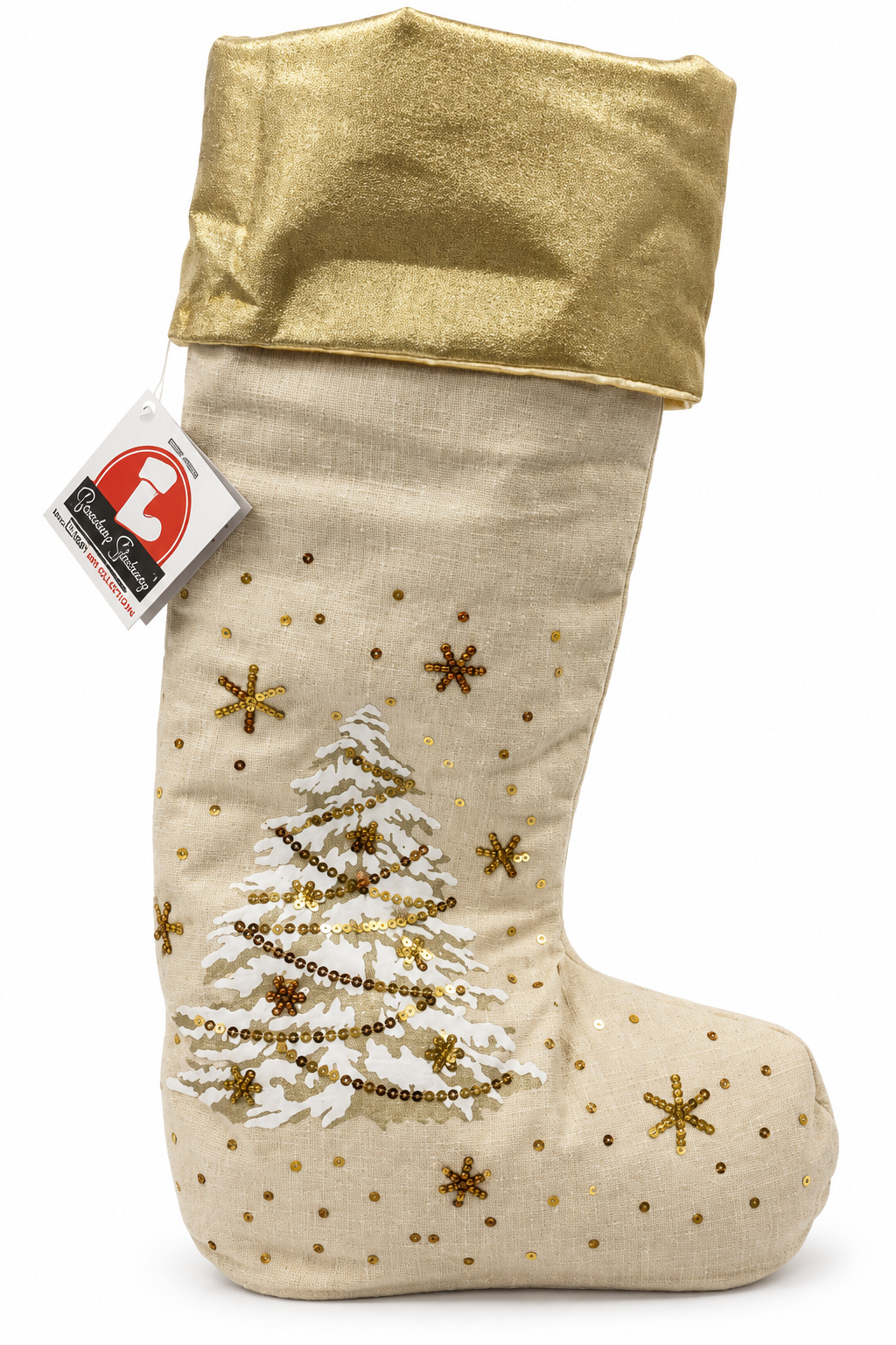 Standing Stocking Cream Linen Gold Christmas Tree & Sequin Standing Christmas Stocking