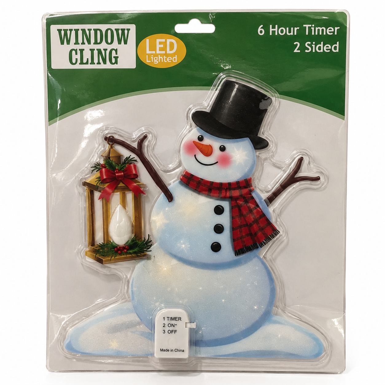 LED Lighted Snowman Window Cling 6 Hour Timer 2-Sided Battery Operated Window Cling