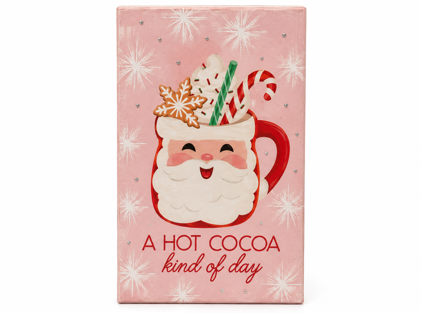 Pastel Pink Santa Hot Cocoa Mug "A Hot Cocoa Kind of Day" Canvas Wall Art Sign Decor