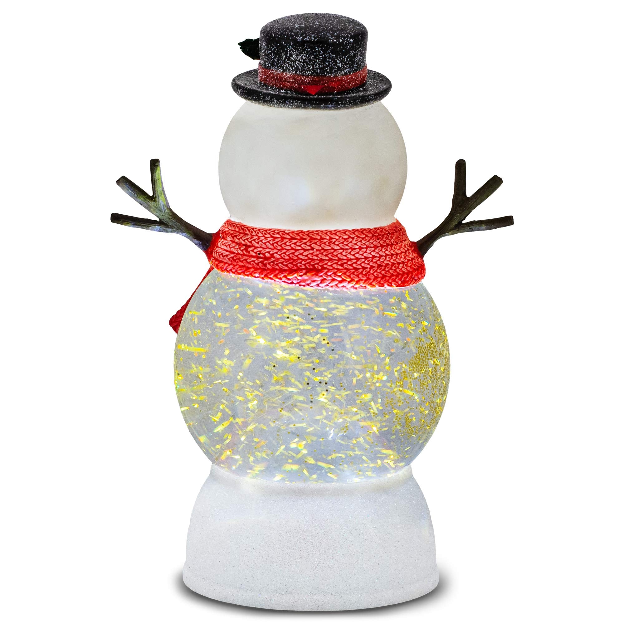 Lighted Snowman Water Globe Tabletop Statue with Red Knit Scarf & Gold Glitter
