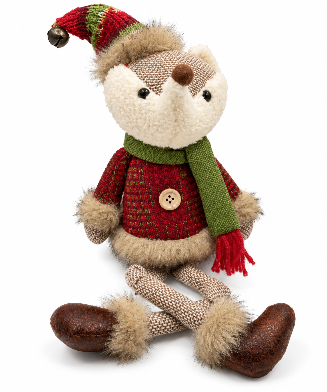 Rustic Burlap & Faux Fur Plush Fox Shelf Sitter Christmas Decor Figurine