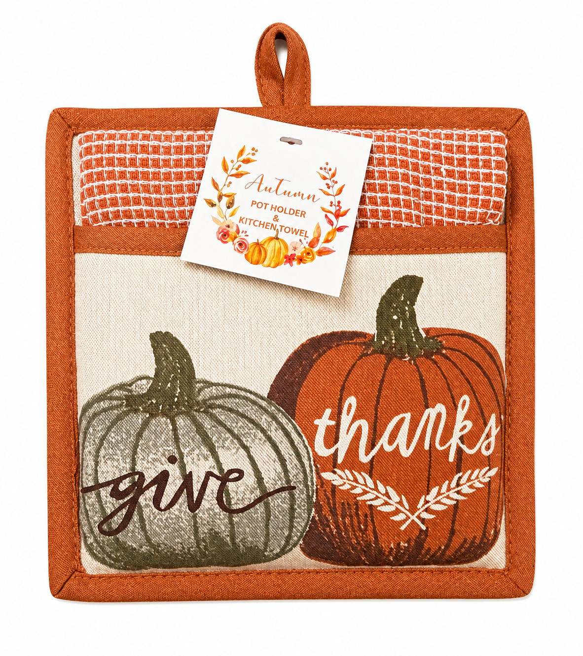 Orange Autumn "Give Thanks" Pumpkin Pot Holder & Kitchen Towel Set