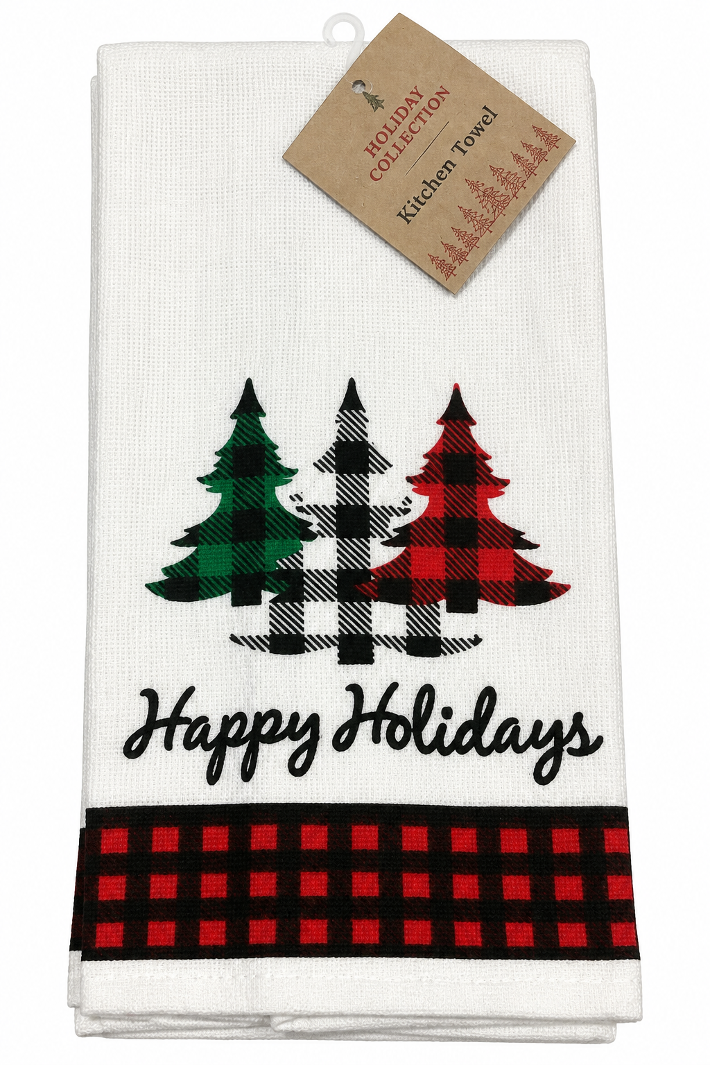 "Happy Holidays" Plaid Trees Nidico Kitchen Towel White