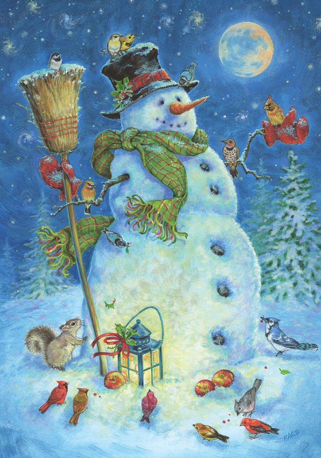 Moonlit Snowman Winter Garden Flag Lantern BIrds 12.5" x 18" Briarwood Lane