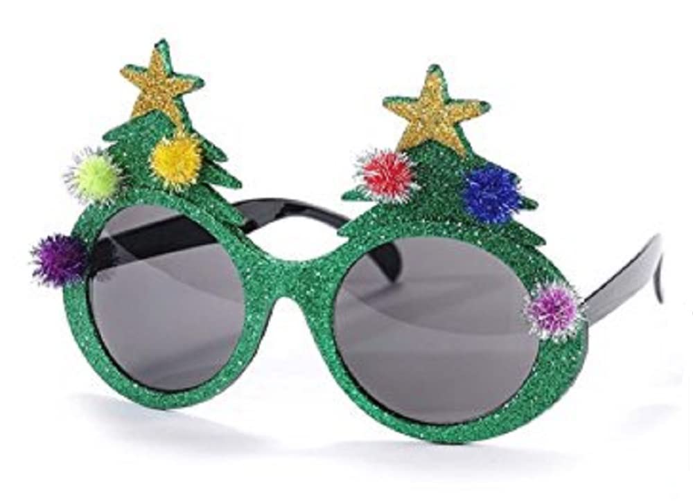 Christmas Tree Novelty Sunglasses Complete with Glitter Pom Poms and Star