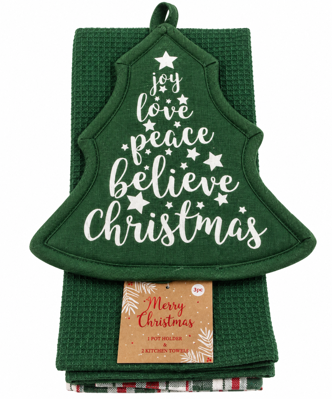 "Joy Love Peace Believe" Tree Shaped Nidico Pot Holder & Kitchen Towel Set 3 Pk