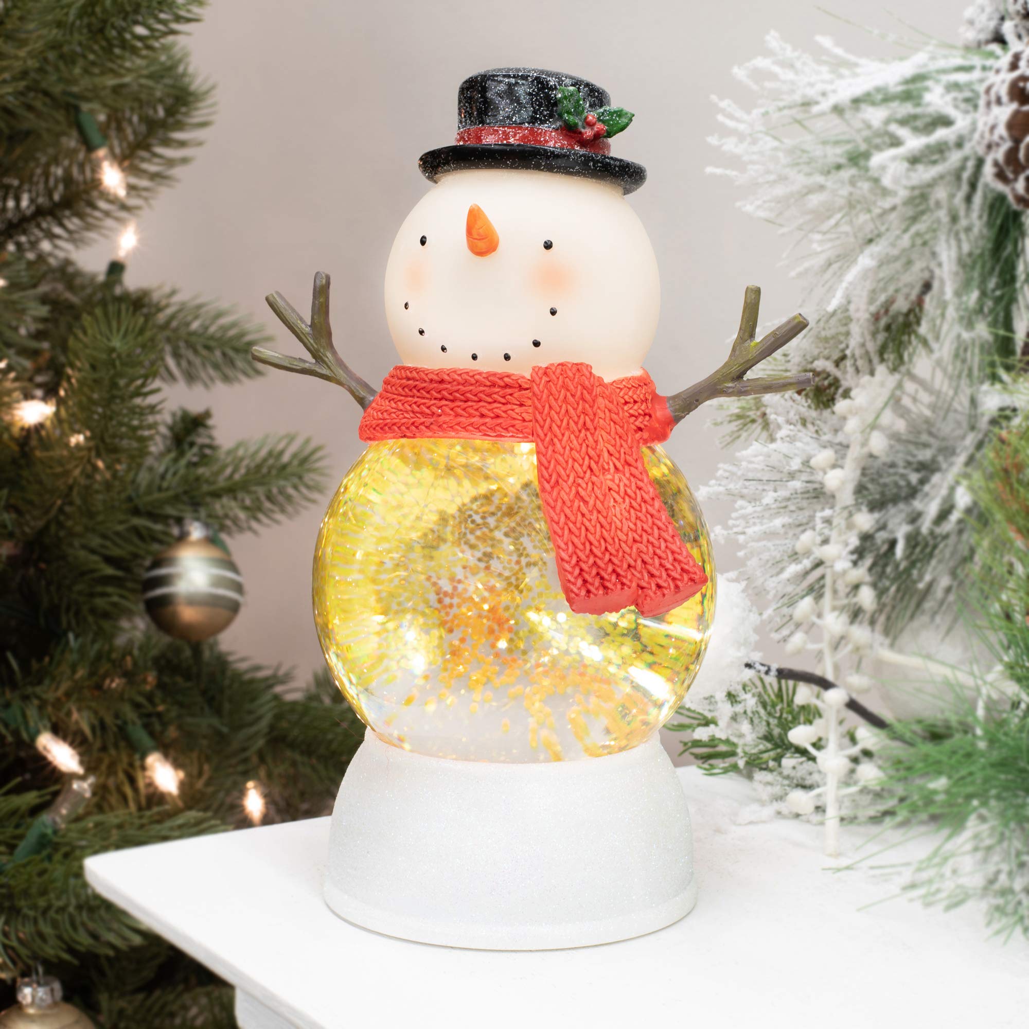 Lighted Snowman Water Globe Tabletop Statue with Red Knit Scarf & Gold Glitter