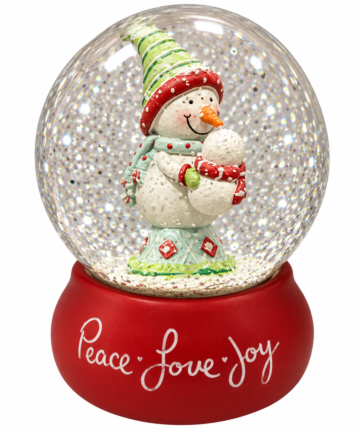 Snowman Holding Mini Snowman "Peace Love Joy" Red Base Snow Globe