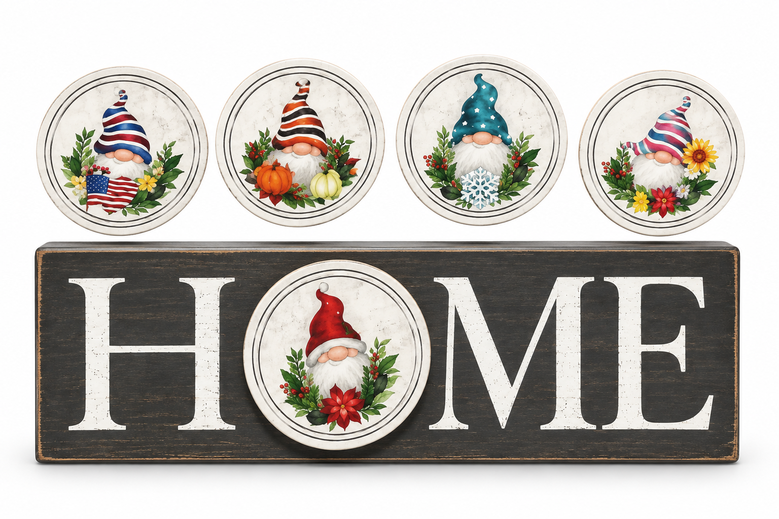 Seasons' Greetings Intersecting Gnome Magnetic Wooden "HOME" Sign Set - 5 Seasonal Discs