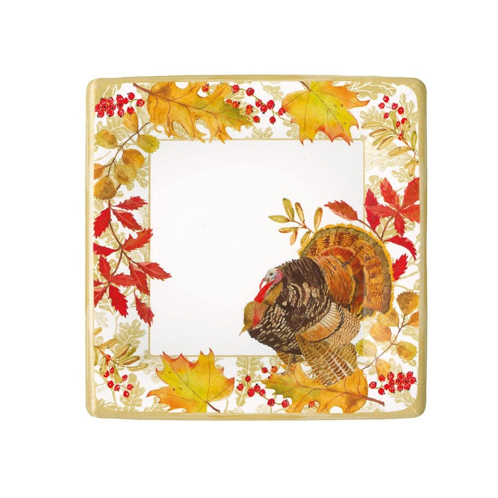 Caspari Woodland Turkey Square Paper Salad & Dessert Plates - 8 Per Package