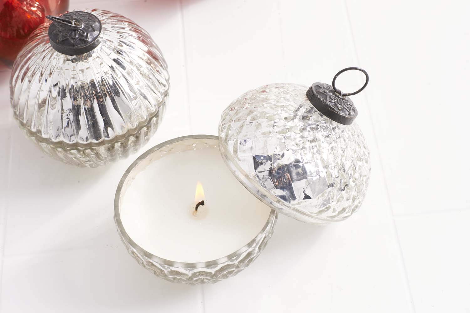 K&K Interiors Winter Wood Scented 3.5 Inch Filled Silver Mercury Glass Lidded Ornament Candles