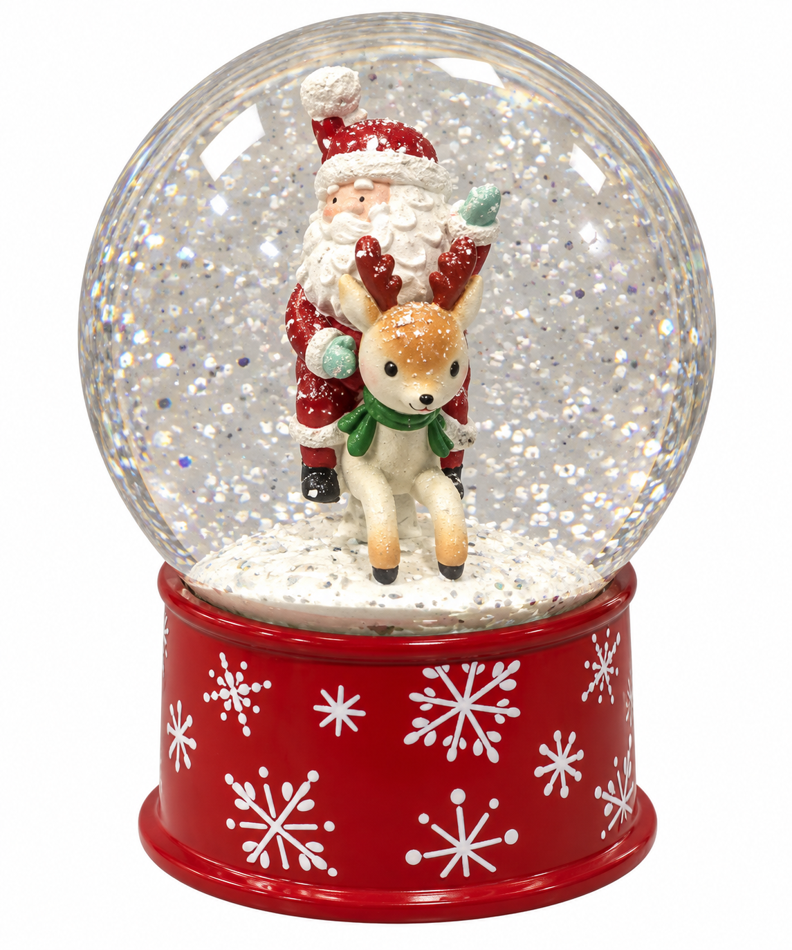 Santa Riding Reindeer Red Snowflake Base Christmas Snow Globe