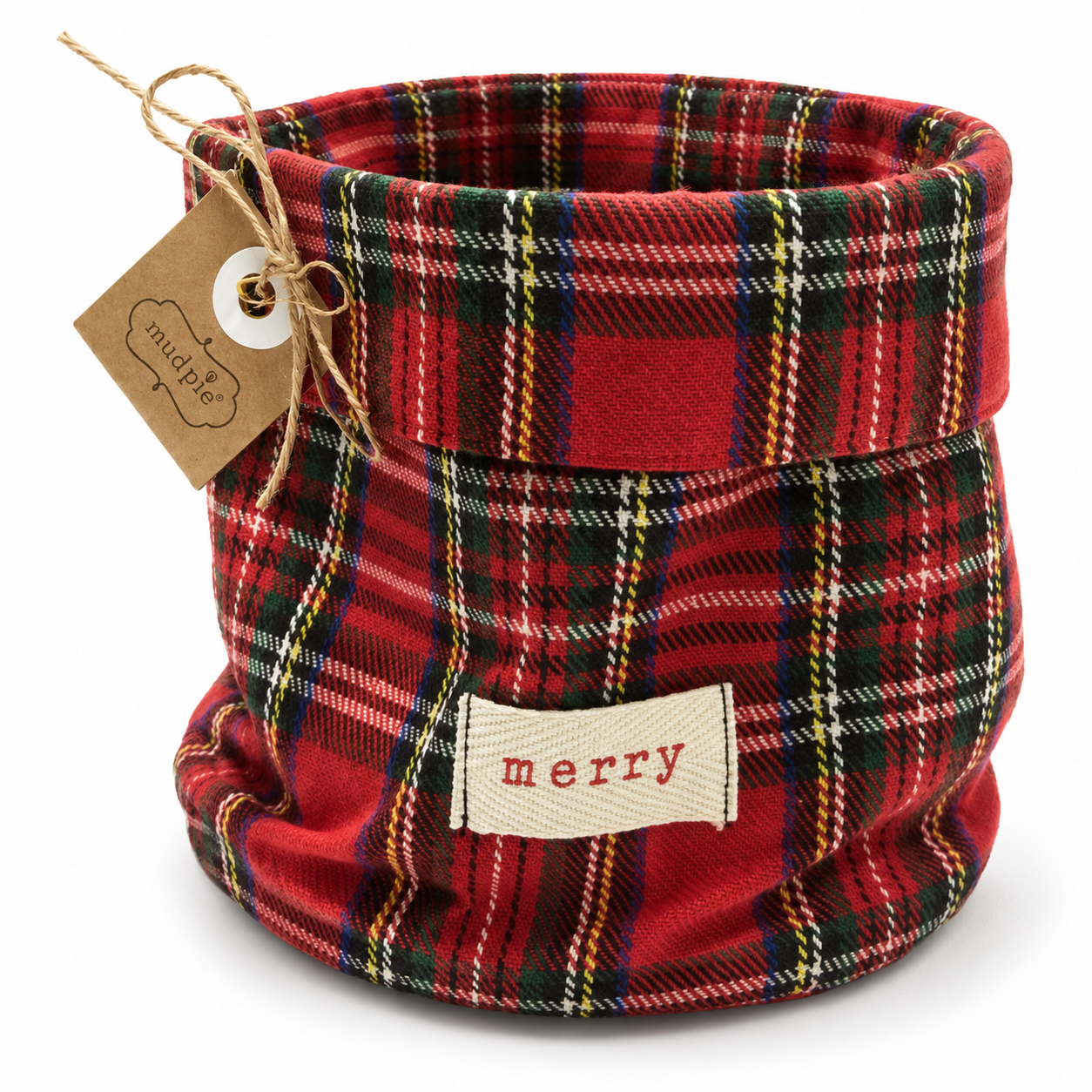 Mud Pie Red Tartan Plaid Merry Canvas Fabric Bucket Basket Holder