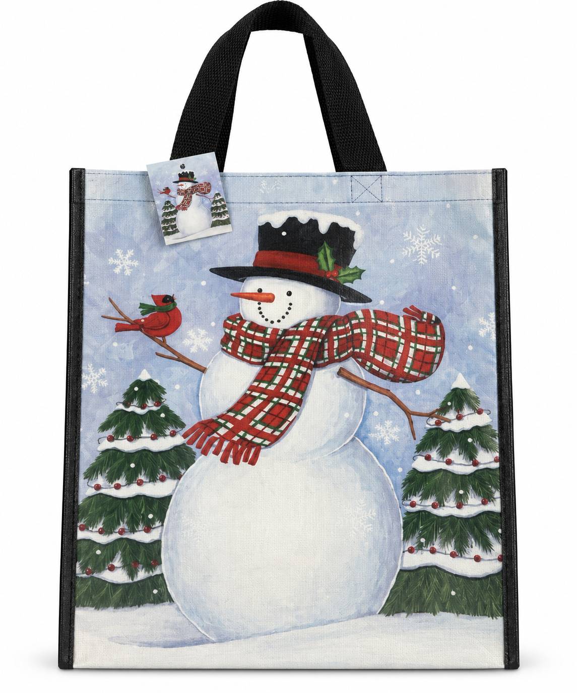 Winter Snowman & Red Cardinal Pine Trees Nidico Reusable Tote Bag